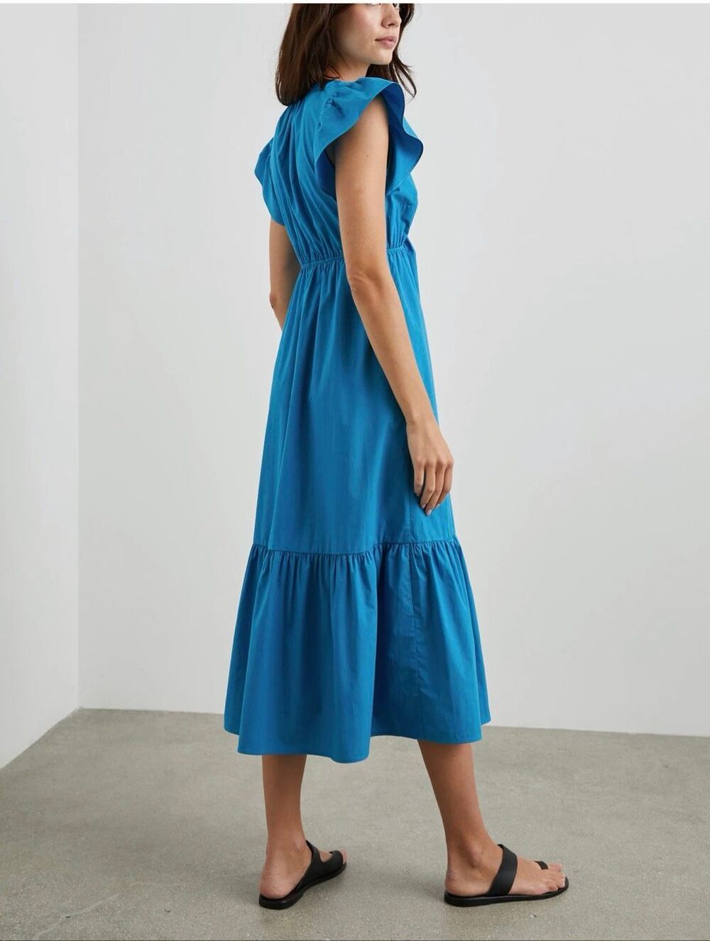 RAILS Tina Blue Midi Dress Size Medium Flutter Sleeve Ruffle Hem Blue Cotton - Picture 13 of 13